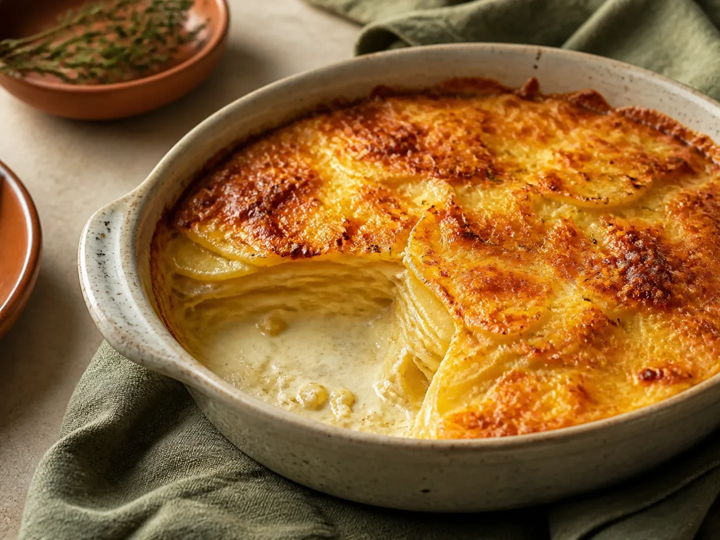Cremiges Kartoffelgratin mit goldbrauner Käsekruste in einer hellen Form