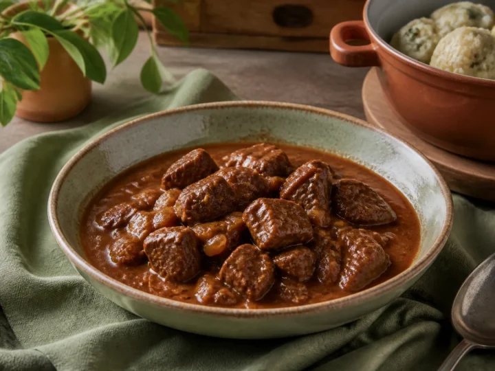 Klassisches Rindergulasch mit zarten Fleischwürfeln in dunkler Zwiebelsauce