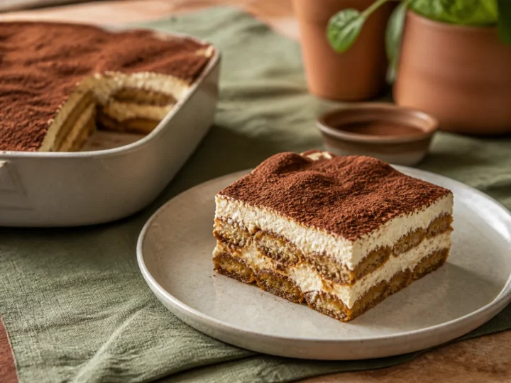 Klassisches Tiramisu mit cremigen Schichten und kräftiger Kakaoschicht