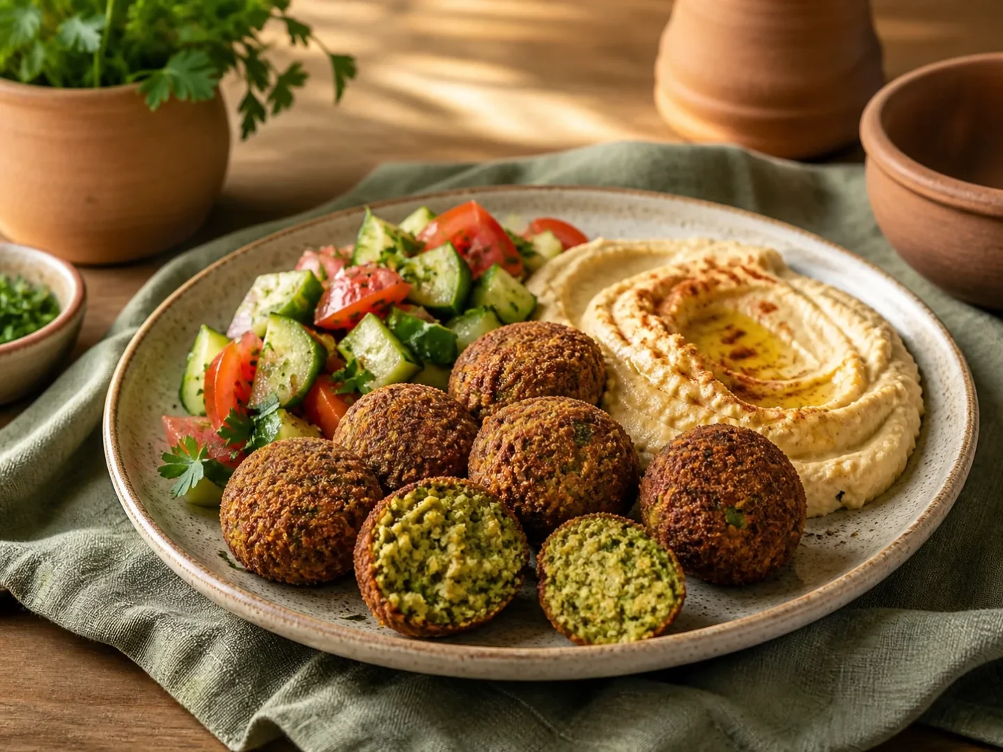 Knusprige Falafel mit Hummus, Petersilie und Gurken-Tomaten-Salat