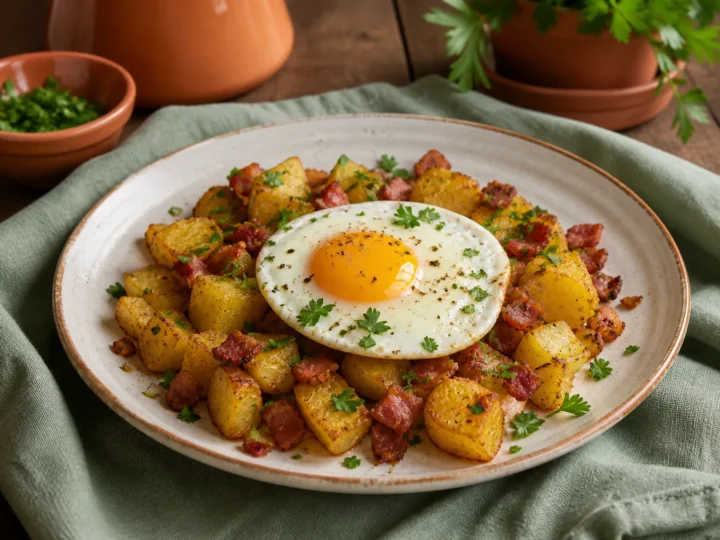Knusprige Frühstückskartoffeln mit Speck, Petersilie und Spiegelei