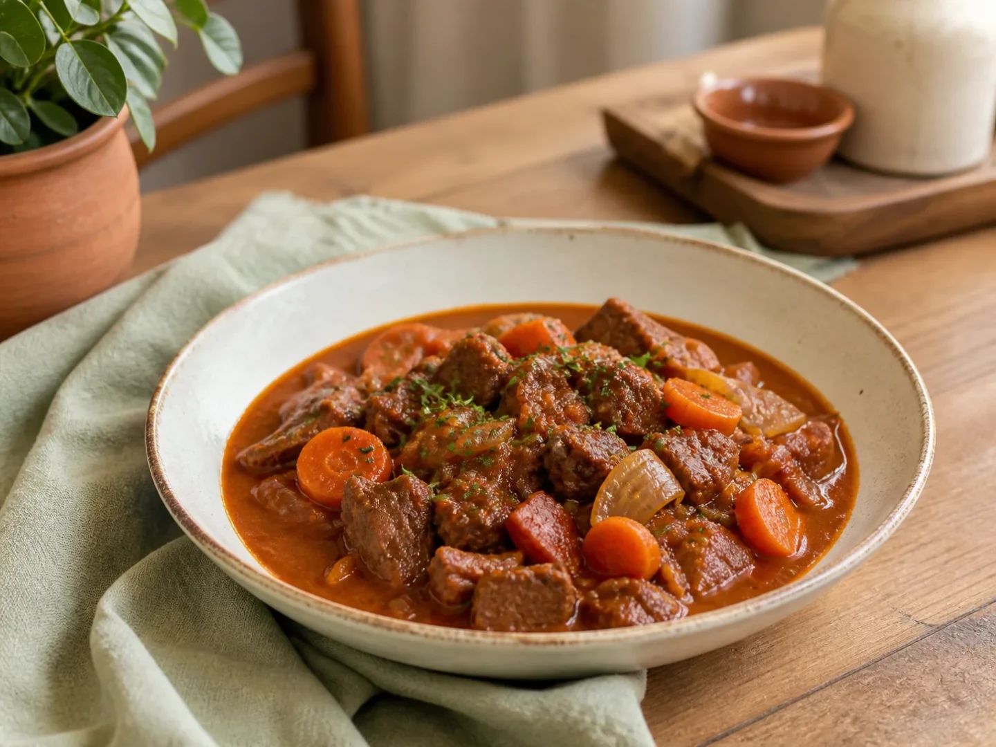 Kroatisches Gulasch, fertig angerichtet auf einem Teller