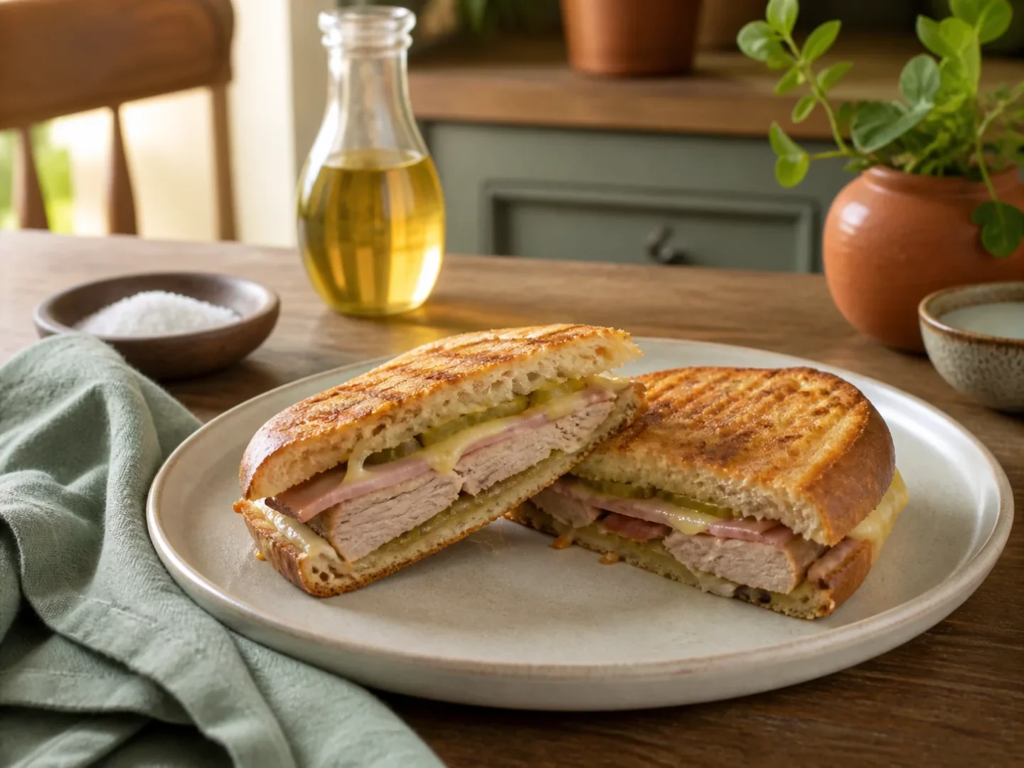 Kubanisches Sandwich, fertig angerichtet auf einem Teller