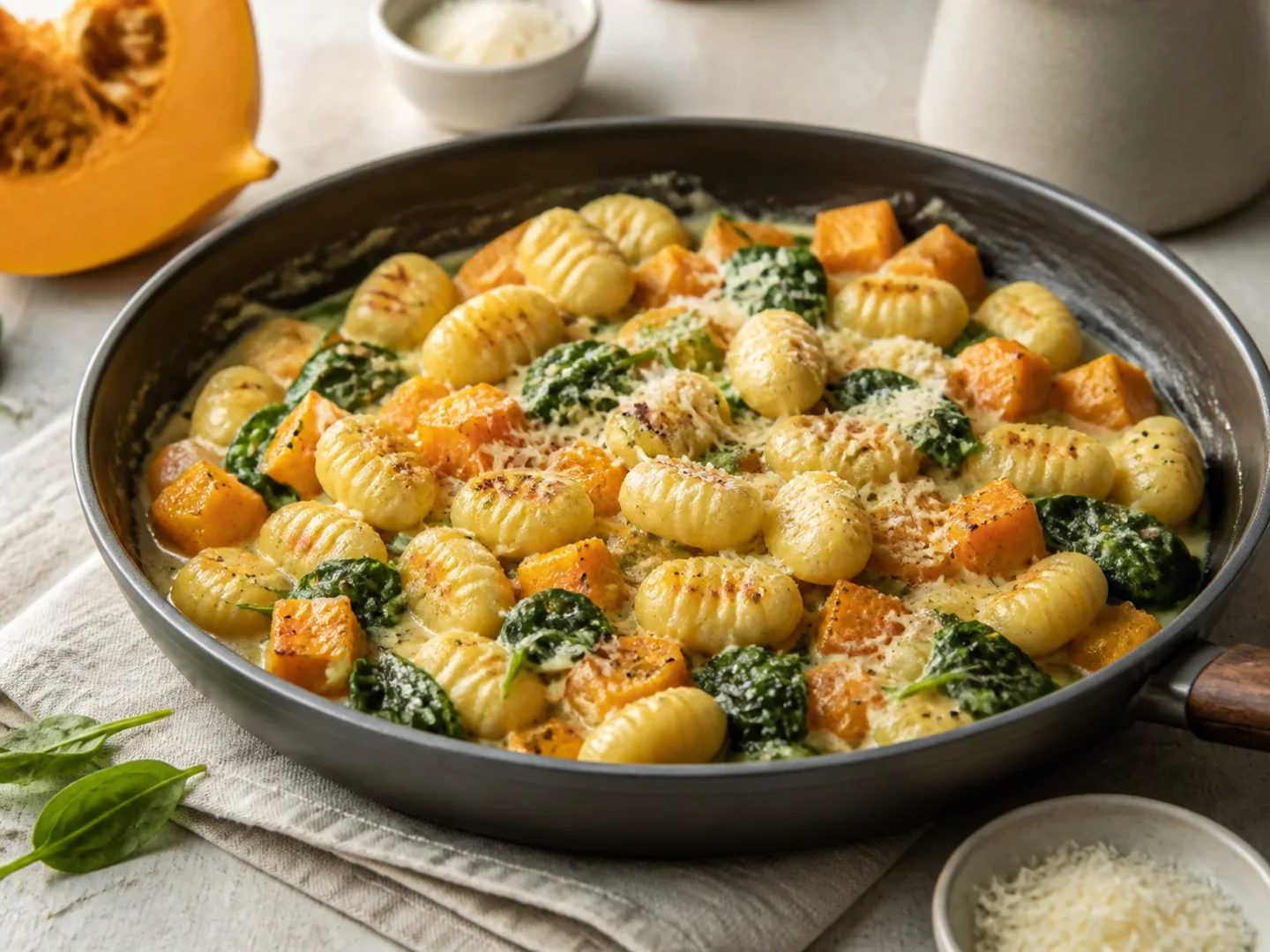 Cremige Kürbis-Gnocchi-Pfanne mit Spinat und Parmesan