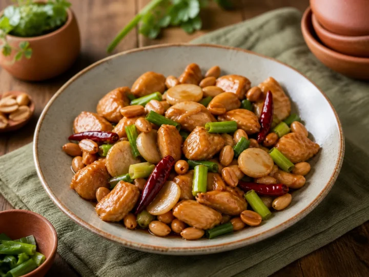 Kung-Pao-Hähnchen mit Erdnüssen, Frühlingszwiebeln und Wasserkastanien