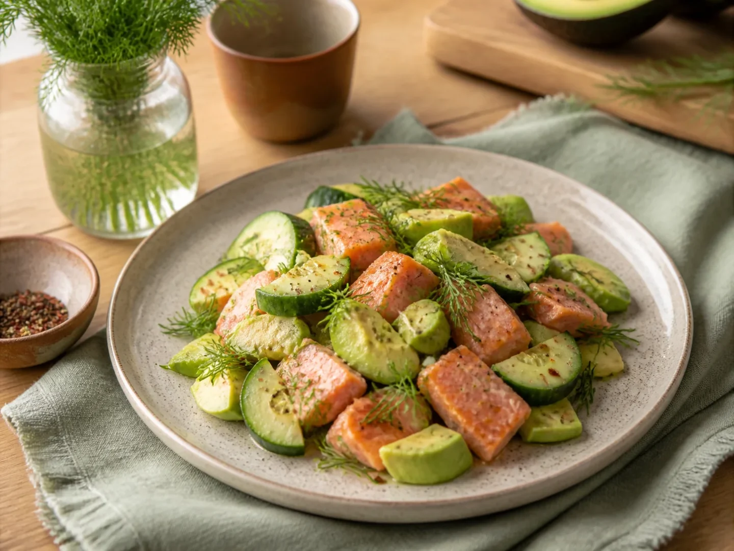 Lachs-Avocado-Salat, fertig angerichtet auf einem Teller