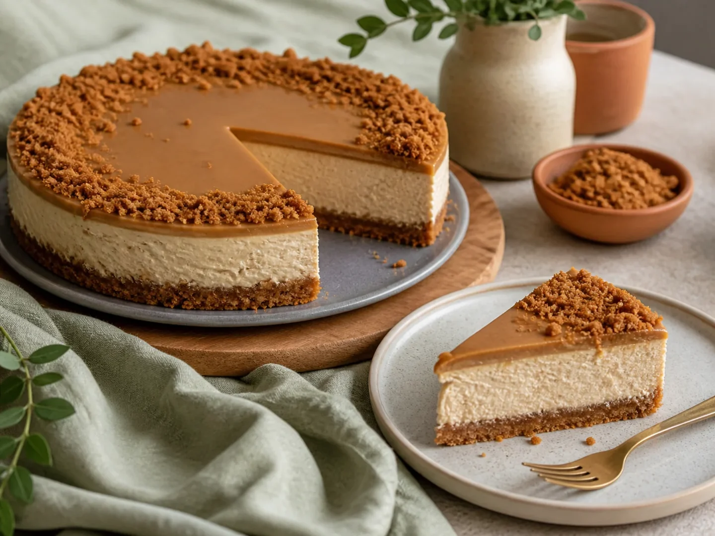 Lotus Cheesecake ohne Backen mit Keksboden, Karamellcreme und Keksdekor