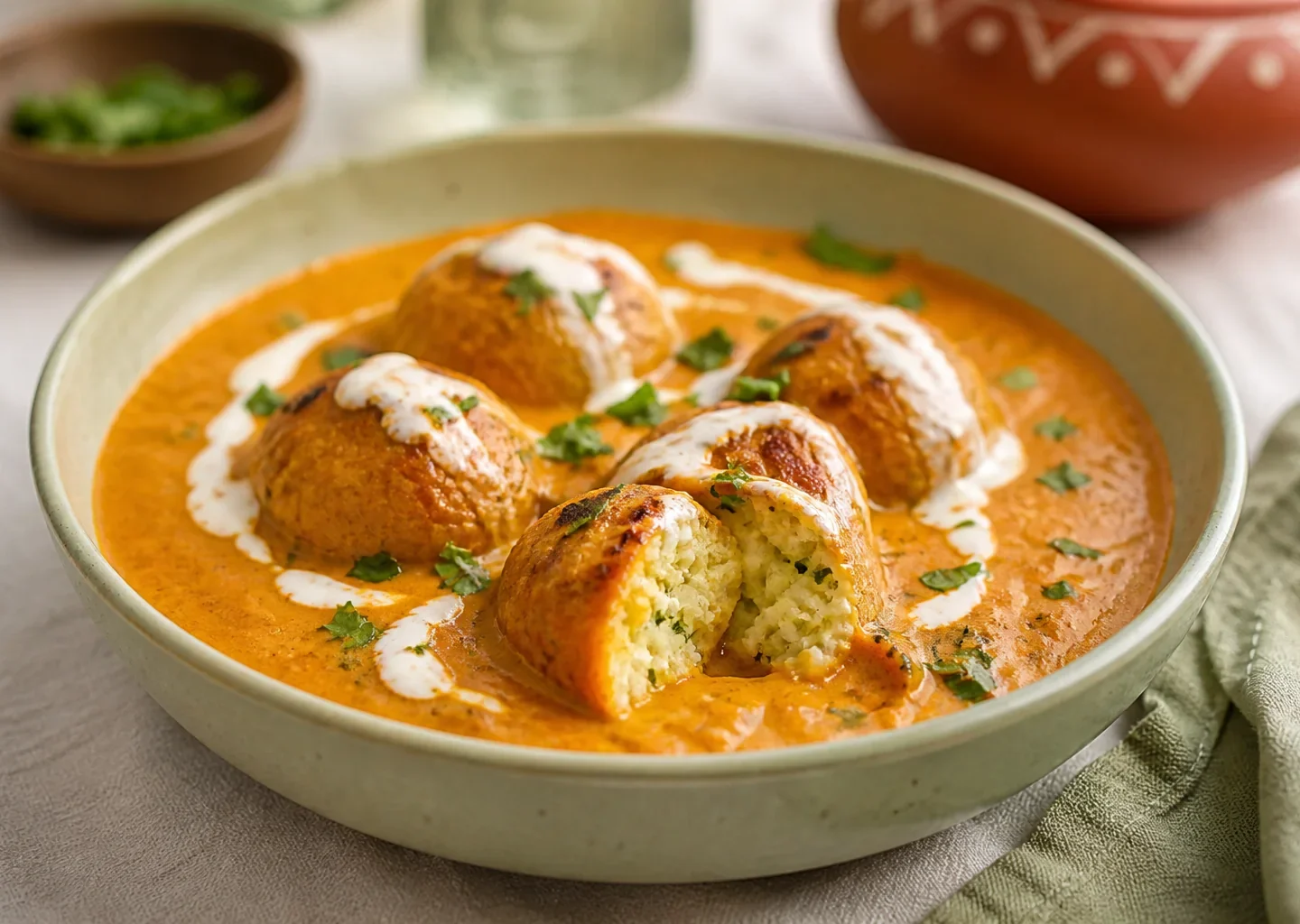Malai Kofta mit goldenen Kartoffel-Paneer-Klößchen in cremiger Sauce