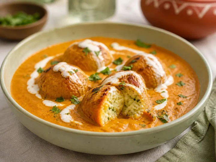 Malai Kofta mit goldenen Kartoffel-Paneer-Klößchen in cremiger Sauce