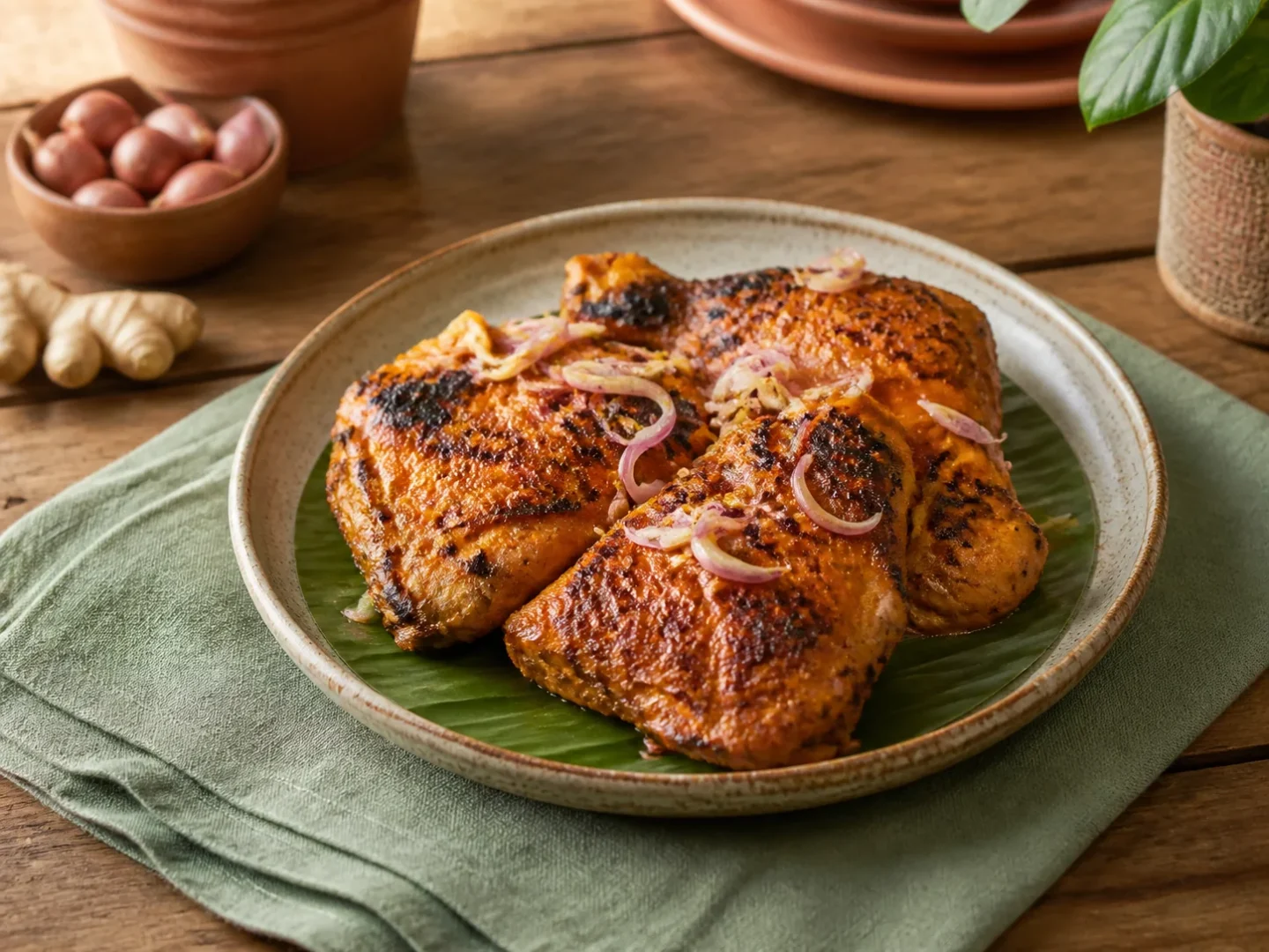 Malaysisches Ayam Percik, fertig angerichtet auf einem Teller