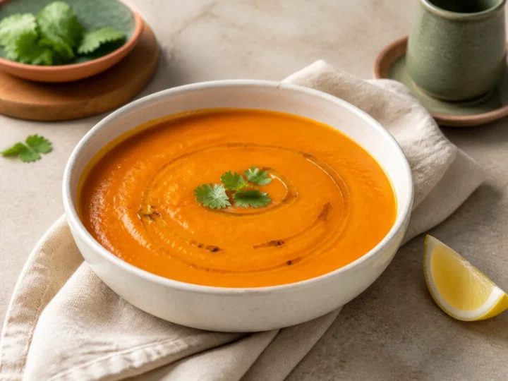 Cremige marokkanische Möhrensuppe mit Koriander und Zitronenspalte