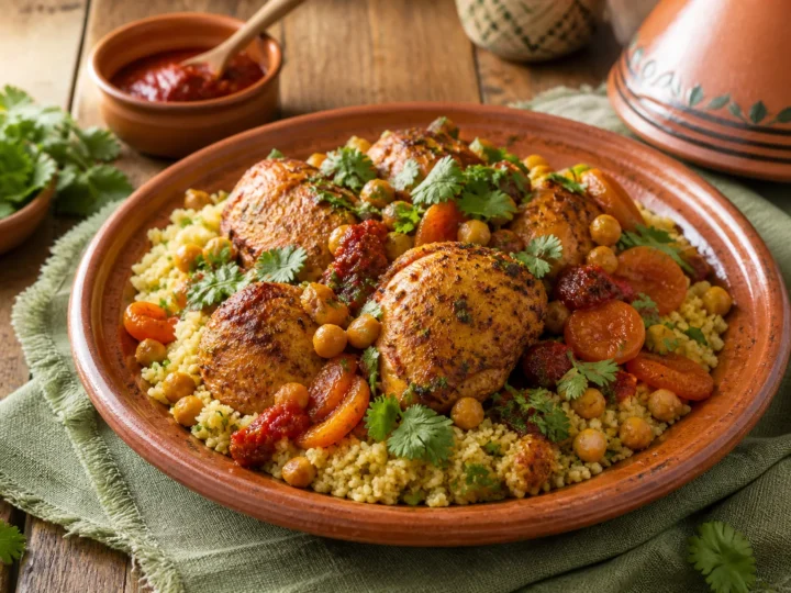 Marokkanischer Hähnchen-Couscous mit Kichererbsen, Aprikosen und Koriander
