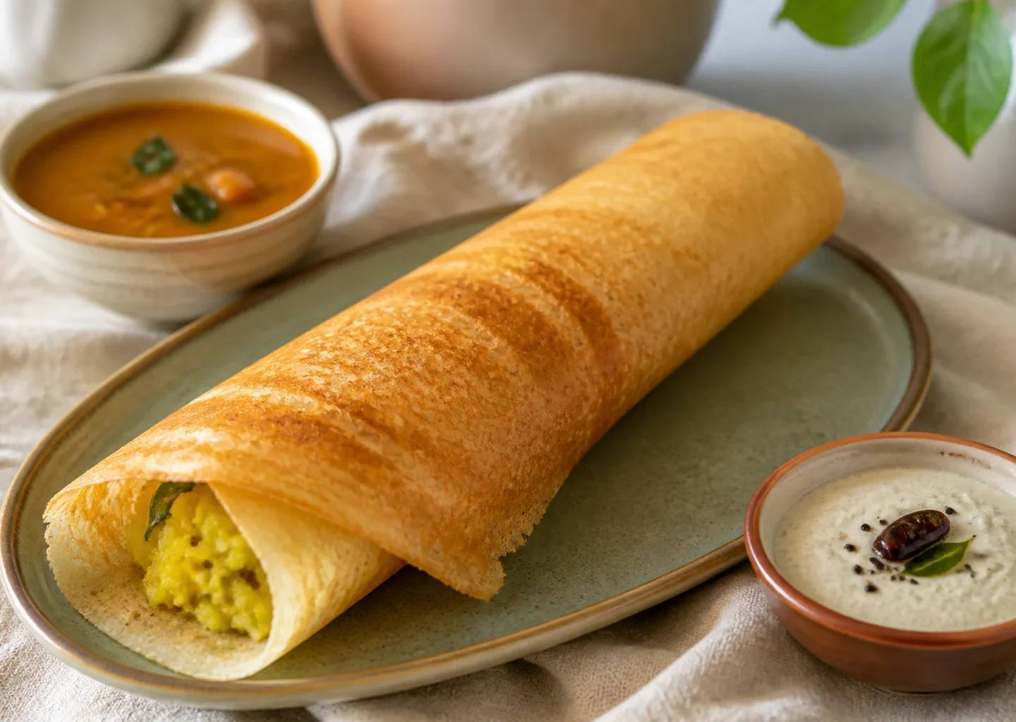 Knusprige Masala Dosa mit würziger Kartoffelfüllung, Chutney und Sambar