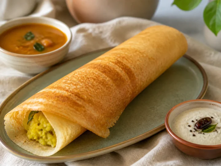 Knusprige Masala Dosa mit würziger Kartoffelfüllung, Chutney und Sambar