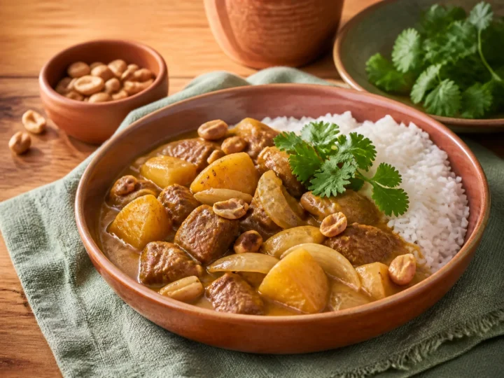 Massaman-Curry mit Rindfleisch, Kartoffeln, Zwiebeln, Erdnüssen und Reis