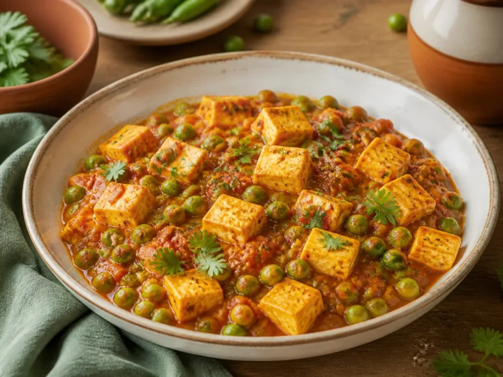 Matar Paneer mit goldenen Paneerwürfeln, grünen Erbsen und Koriander