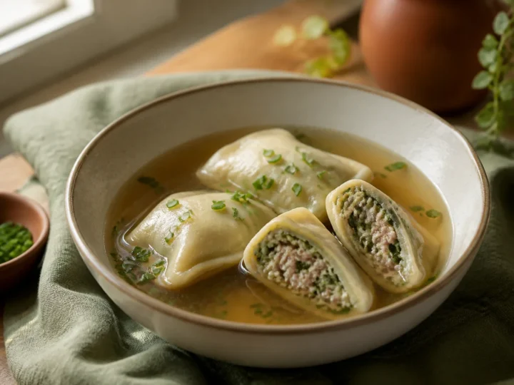 Schwäbische Maultaschen mit Hackfleisch-Spinat-Füllung in klarer Brühe