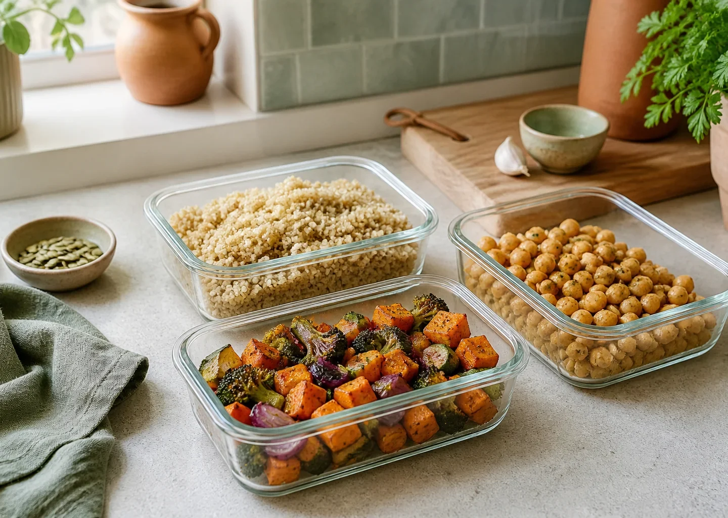 Vorbereitete Behälter mit Getreide, Kichererbsen und Ofengemüse für Meal Prep