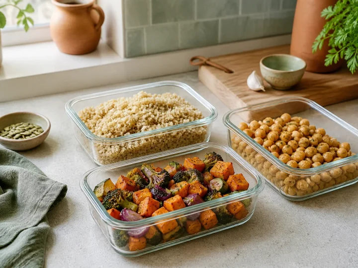 Vorbereitete Behälter mit Getreide, Kichererbsen und Ofengemüse für Meal Prep