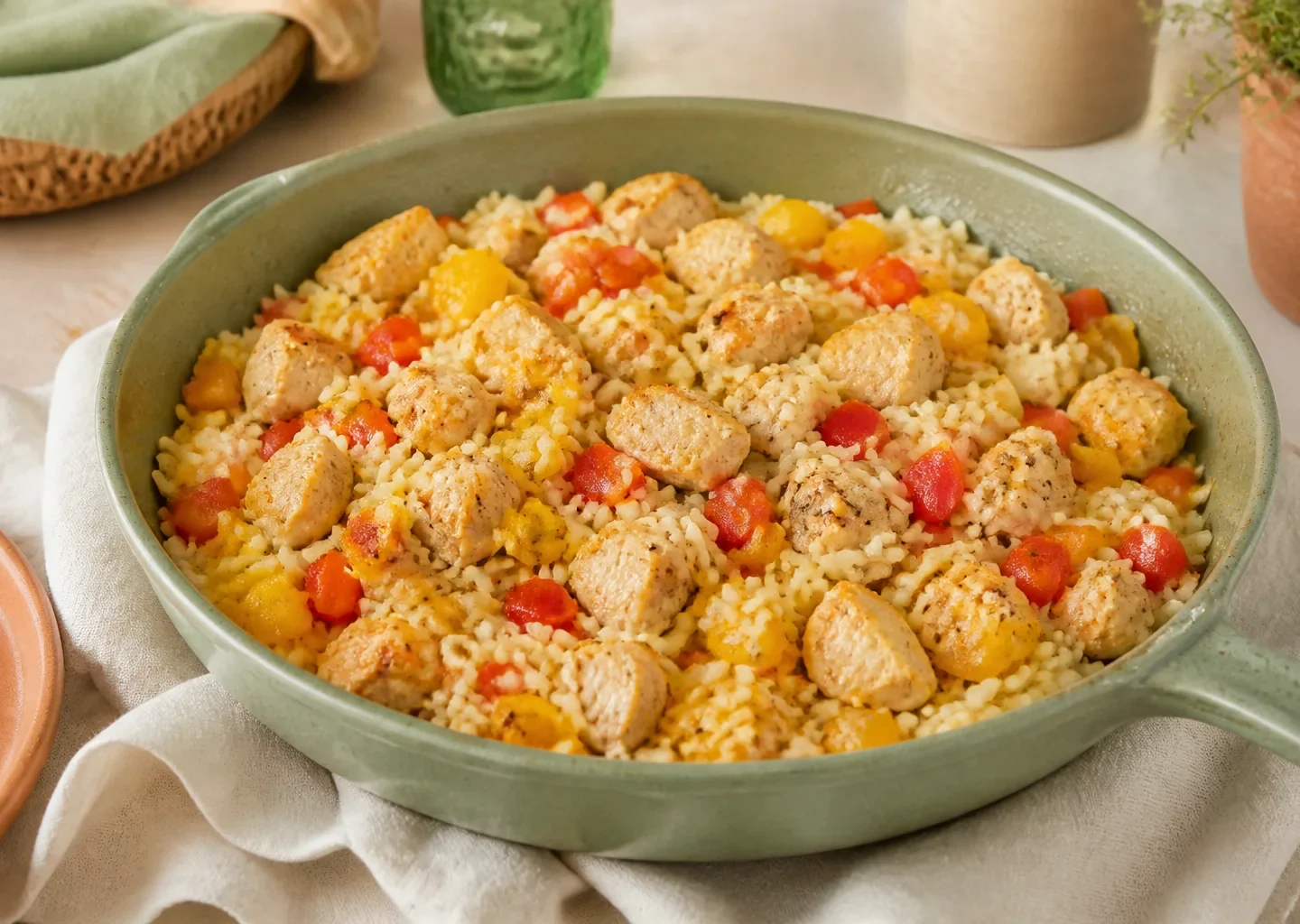 Milde Hähnchen-Reis-Pfanne mit roter und gelber Paprika und Erbsen