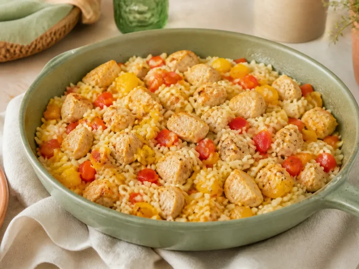 Milde Hähnchen-Reis-Pfanne mit roter und gelber Paprika und Erbsen