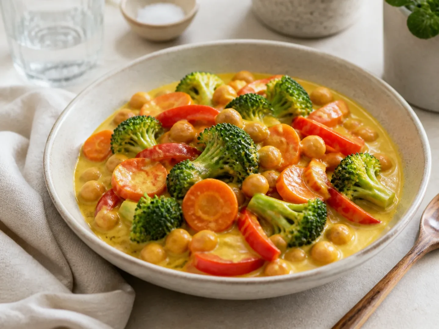 Mildes Kokos-Gemüse-Curry mit Brokkoli, Paprika und Kichererbsen in einer Schale