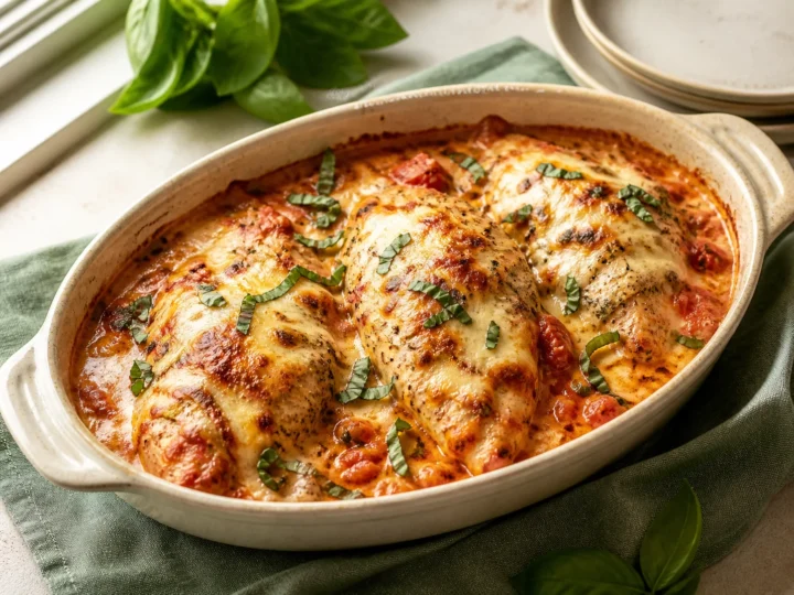 Mozzarella-Hähnchen in cremiger Basilikum-Tomatensauce mit gebräuntem Käse