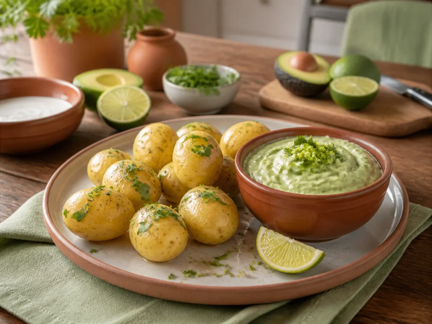 Neue Kartoffeln mit Avocado-Dip, fertig angerichtet auf einem Teller