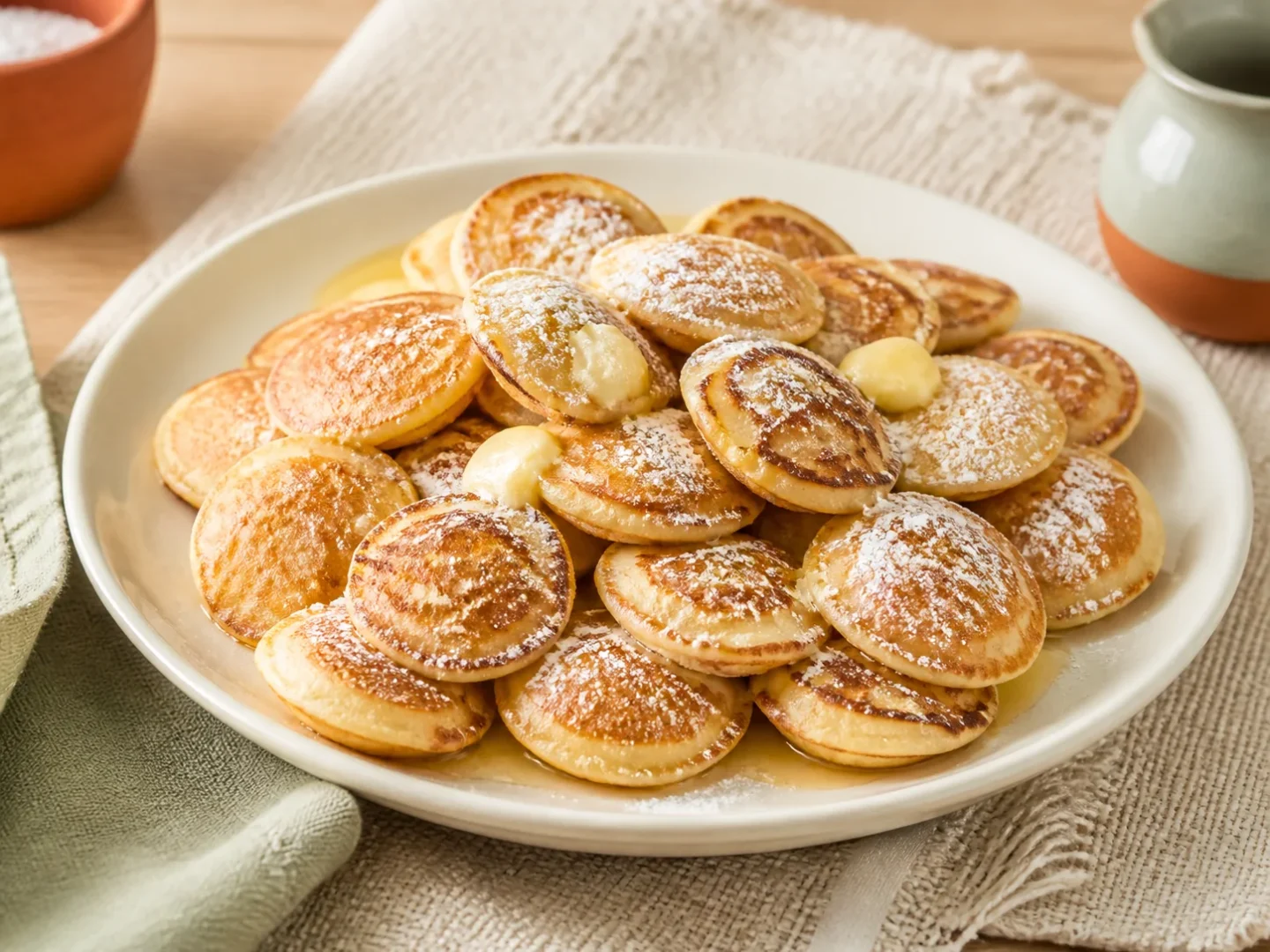Goldene niederländische Poffertjes mit Butter und Puderzucker