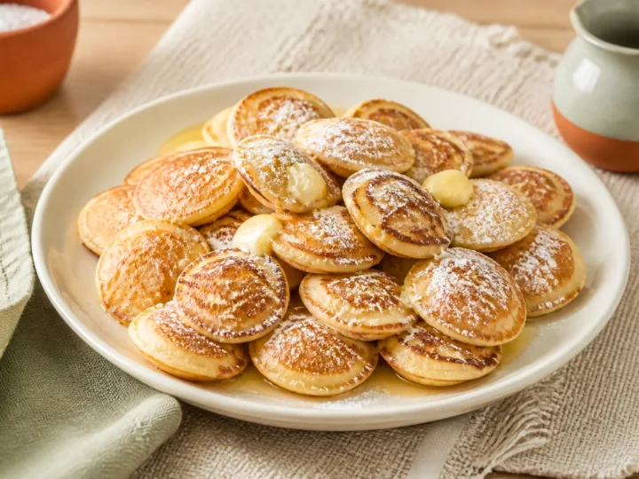 Goldene niederländische Poffertjes mit Butter und Puderzucker