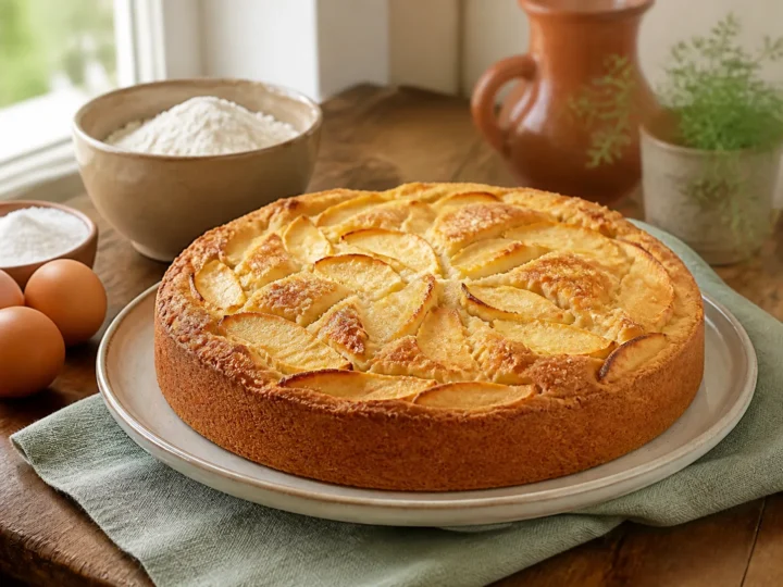 Niederländischer Apfelkuchen, fertig angerichtet auf einem Teller
