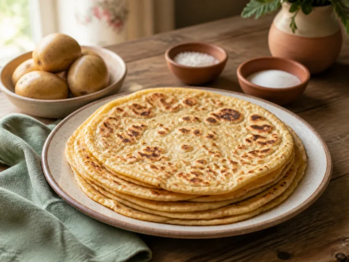 Norwegische Kartoffelfladen Lefse, fertig angerichtet auf einem Teller
