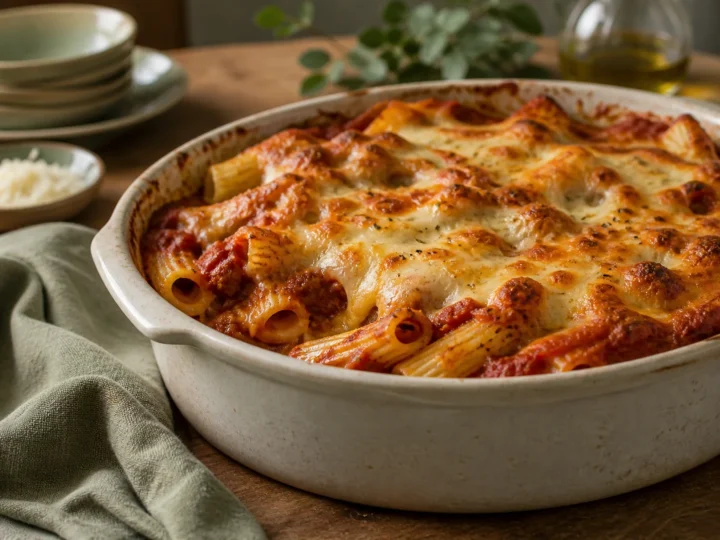 Nudelauflauf mit Tomatensauce, Mozzarella und goldbrauner Käsekruste