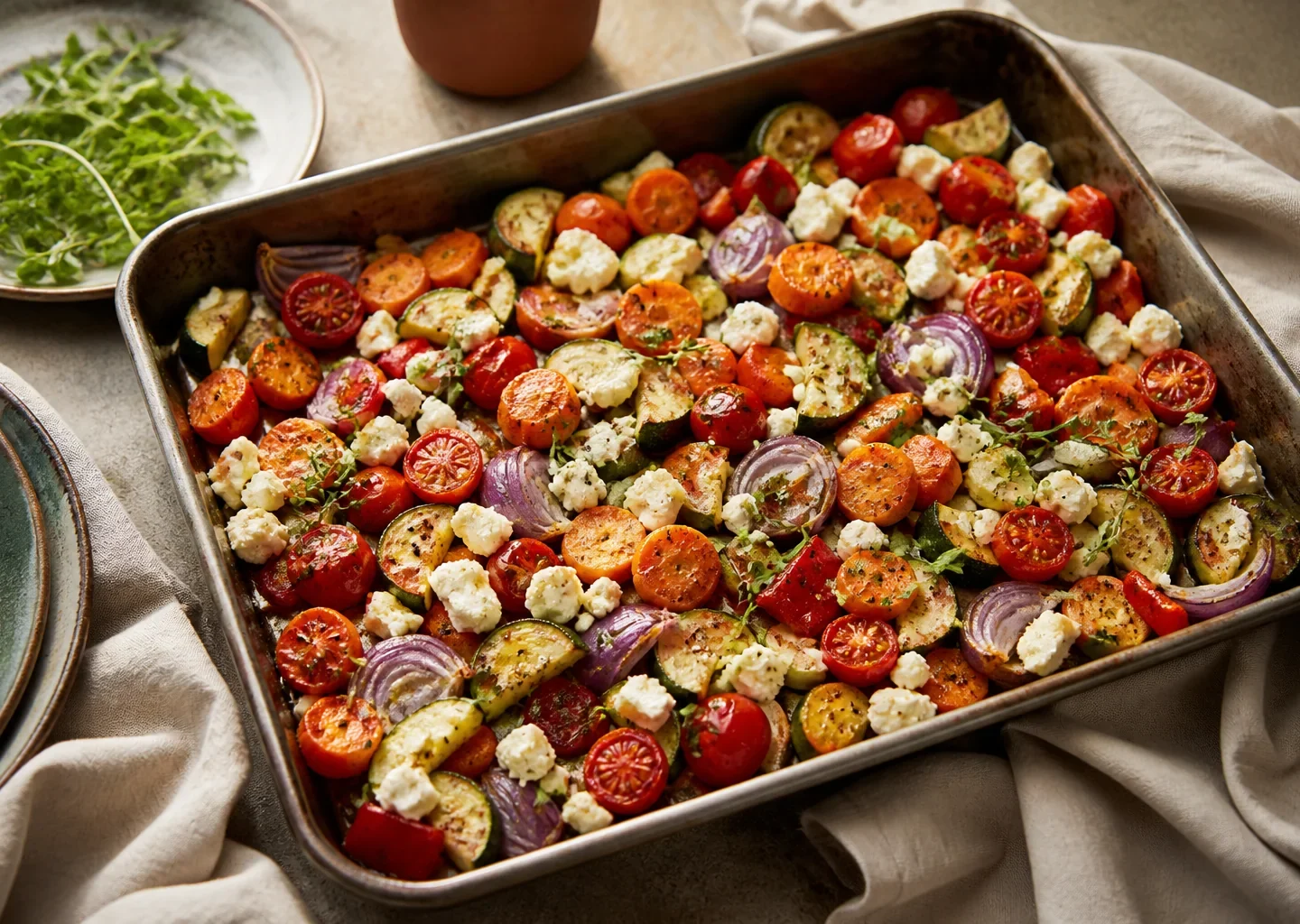 Buntes Ofengemüse mit Kartoffeln, Zucchini, Paprika, Tomaten und Feta