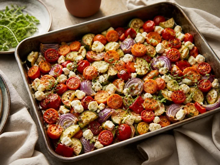 Buntes Ofengemüse mit Kartoffeln, Zucchini, Paprika, Tomaten und Feta