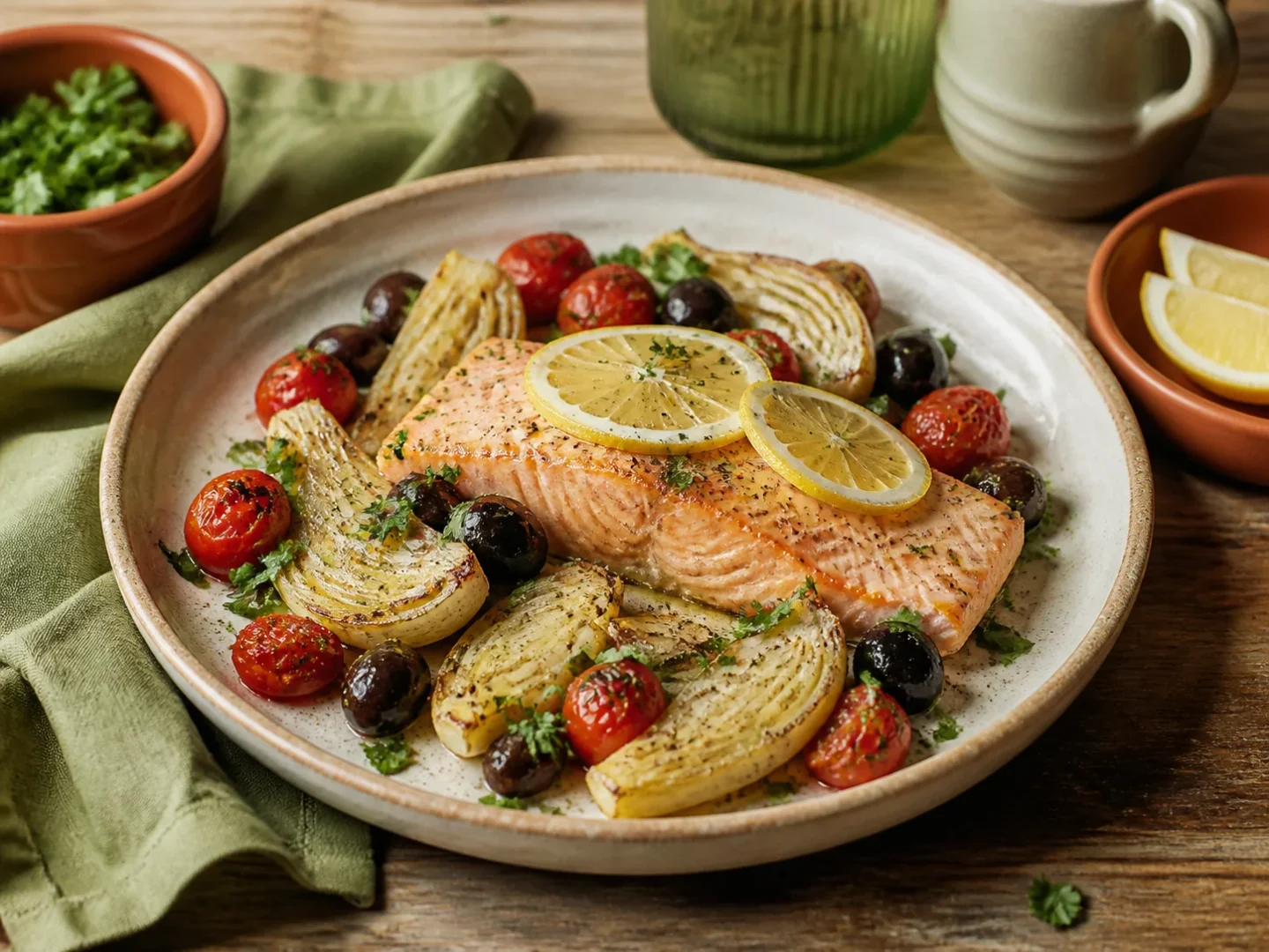 Ofenlachs mit Fenchel, Cherrytomaten, schwarzen Oliven und Zitrone