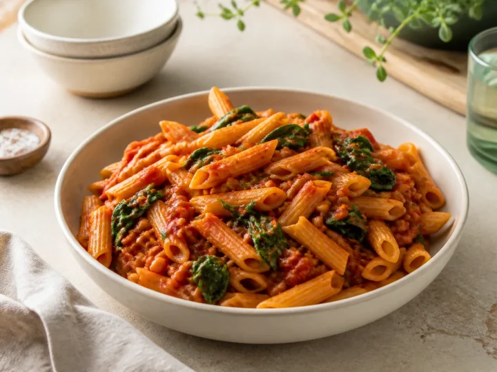 Tomaten-Linsen-Pasta mit Penne und jungem Spinat in einer tiefen Schale