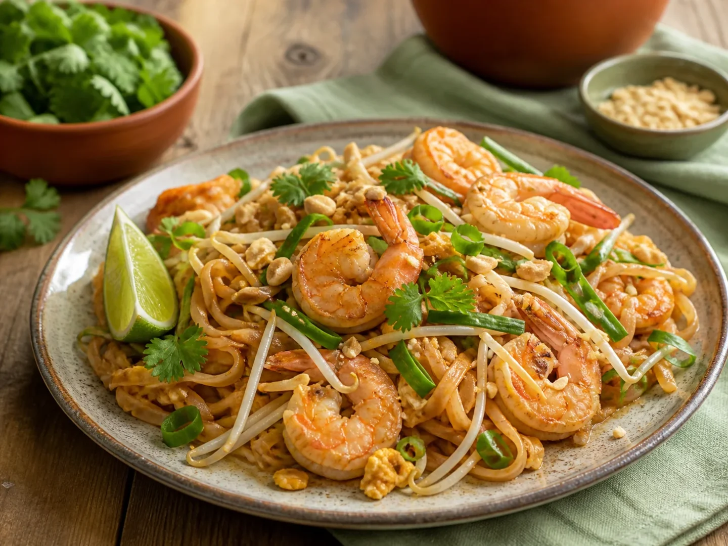Pad Thai mit Garnelen, Reisnudeln, Sojasprossen, Erdnüssen und Limette
