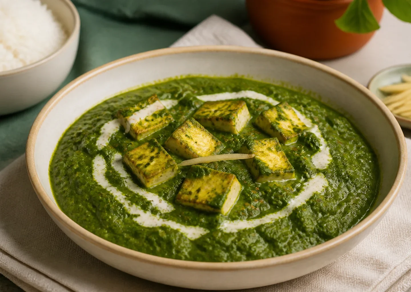 Grünes Palak Paneer mit goldenen Käsewürfeln und einem Klecks Sahne