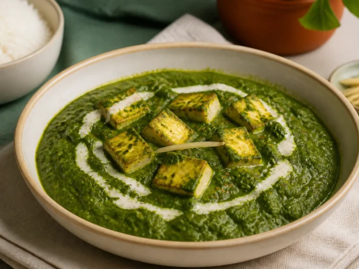 Grünes Palak Paneer mit goldenen Käsewürfeln und einem Klecks Sahne