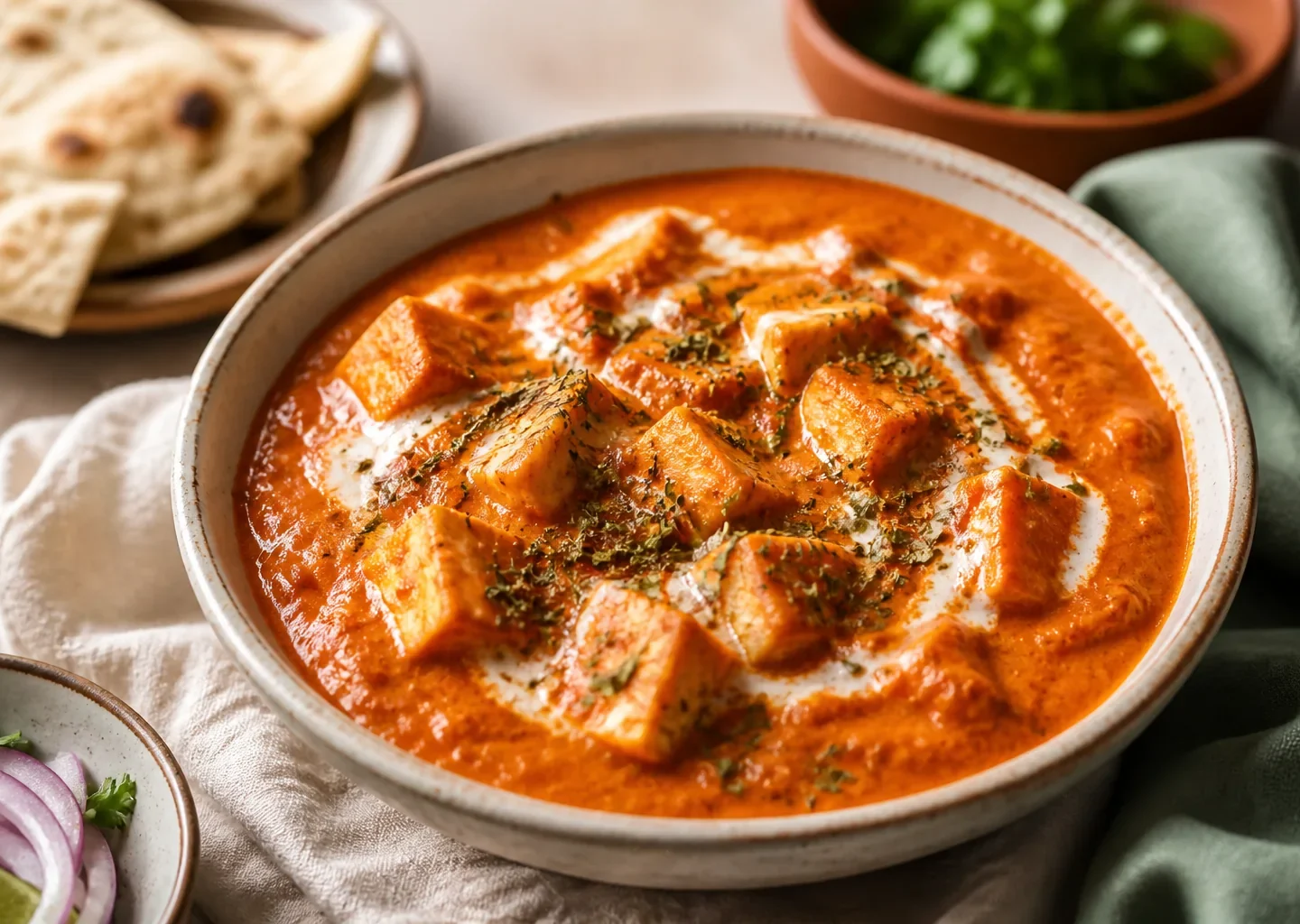 Paneer Butter Masala mit goldenen Käsewürfeln in cremiger Tomatensauce