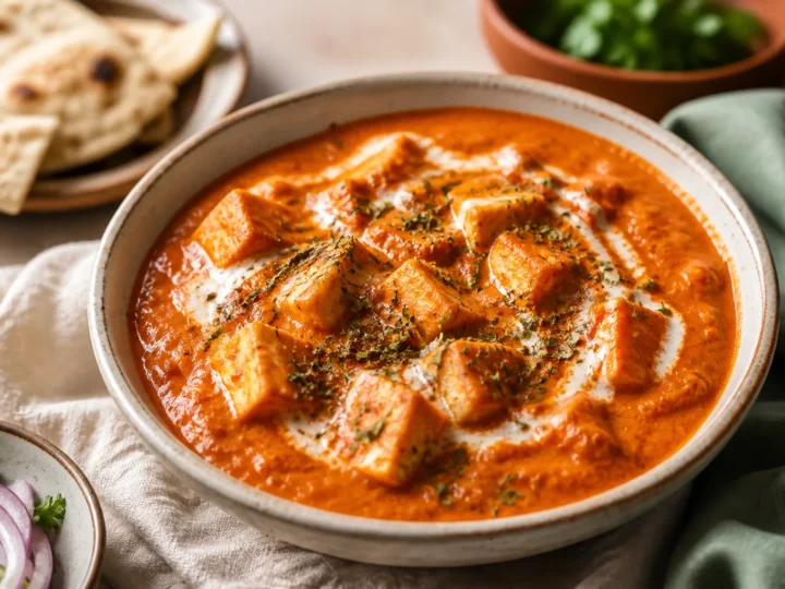 Paneer Butter Masala mit goldenen Käsewürfeln in cremiger Tomatensauce