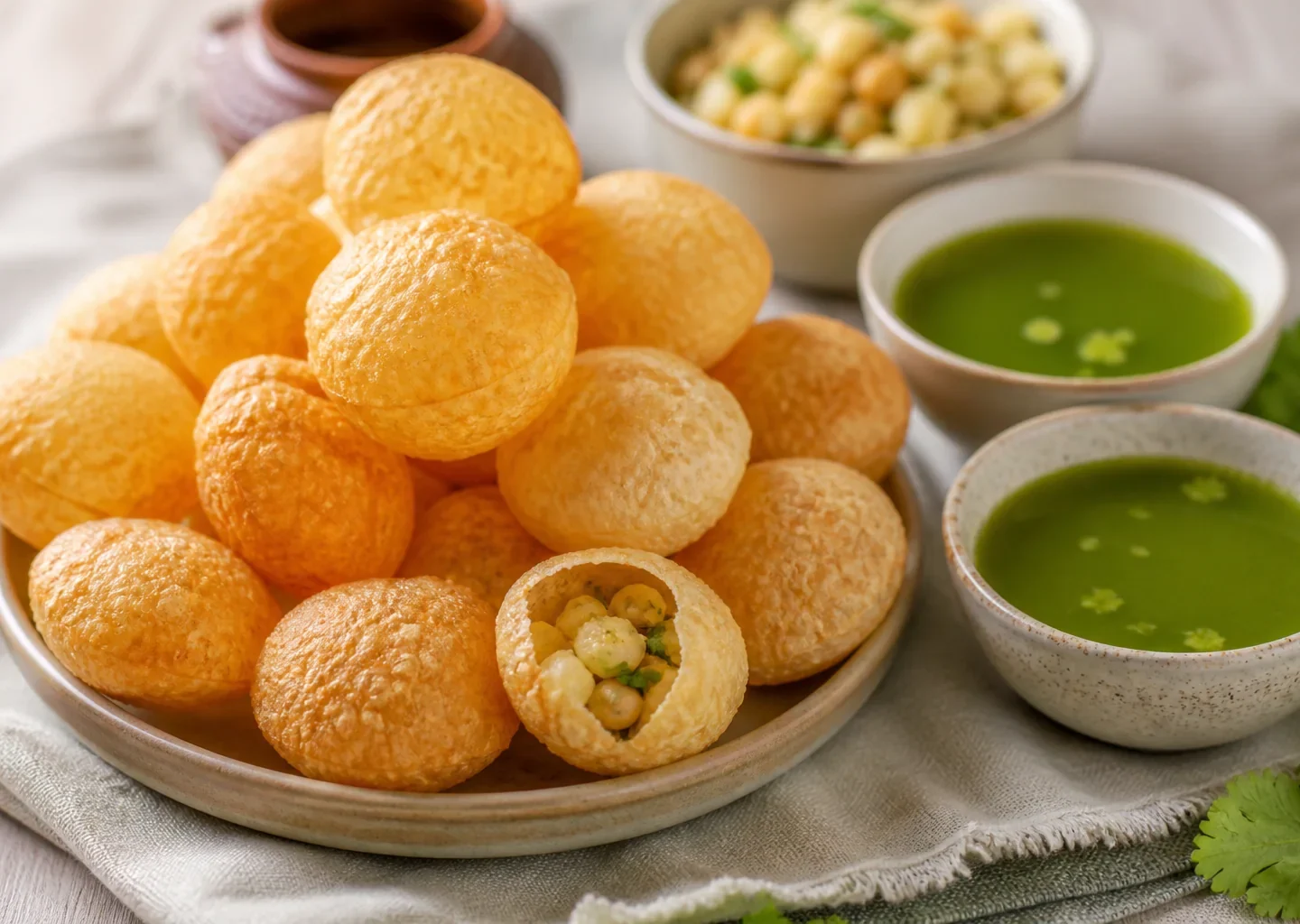 Knusprige Pani Puri mit Kartoffel-Kichererbsen-Füllung und würzigem Minzwasser