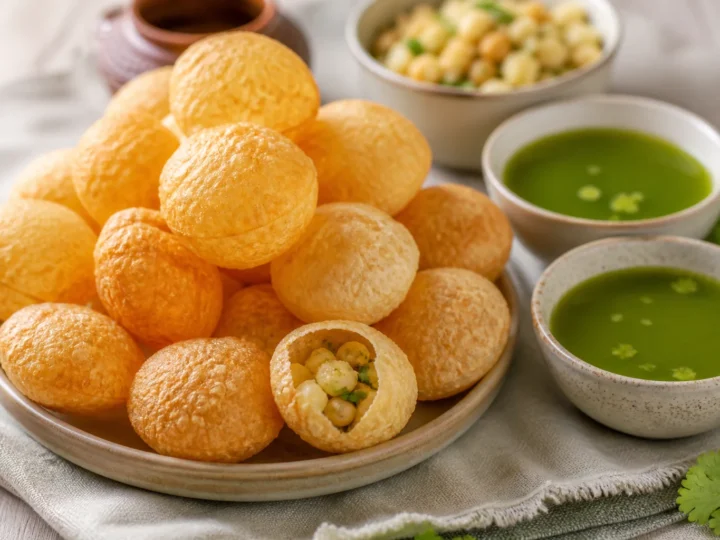 Knusprige Pani Puri mit Kartoffel-Kichererbsen-Füllung und würzigem Minzwasser