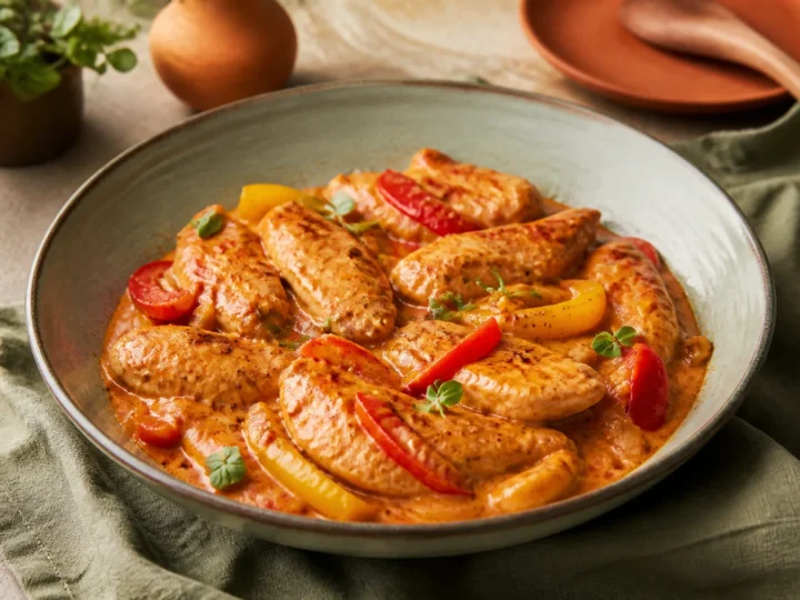 Cremiges Paprika-Sahne-Hähnchen mit roten und gelben Paprikastreifen