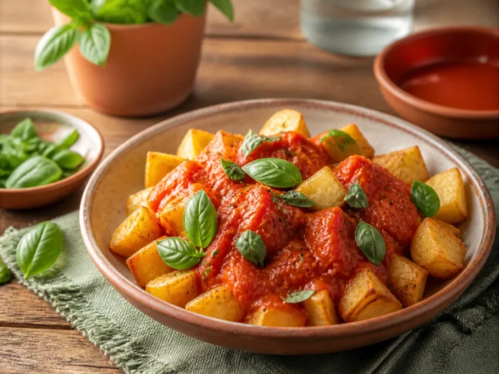 Knusprige Patatas Bravas mit Tomatensauce und Basilikum