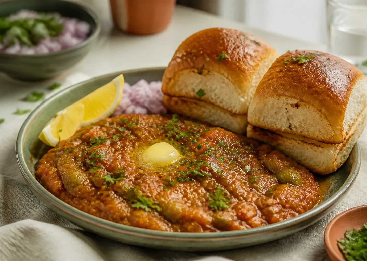 Pav Bhaji mit cremigem Gemüse, Butter, Zwiebeln und gerösteten Pav-Brötchen