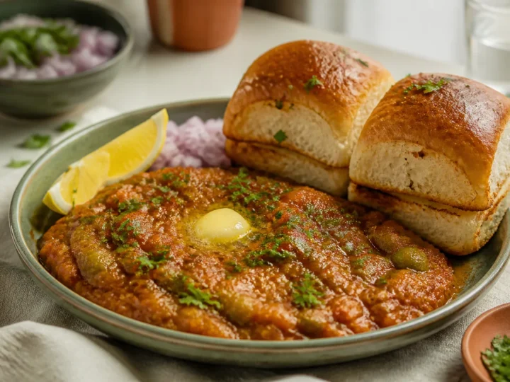 Pav Bhaji mit cremigem Gemüse, Butter, Zwiebeln und gerösteten Pav-Brötchen