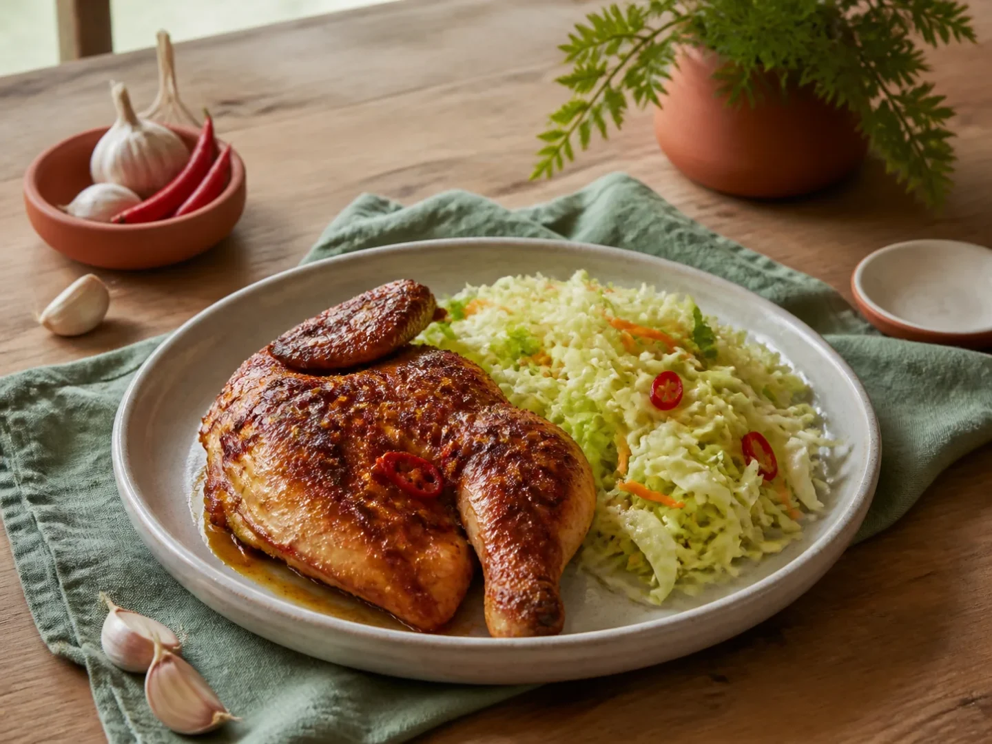 Piri-Piri-Hähnchen mit Krautsalat, fertig angerichtet auf einem Teller