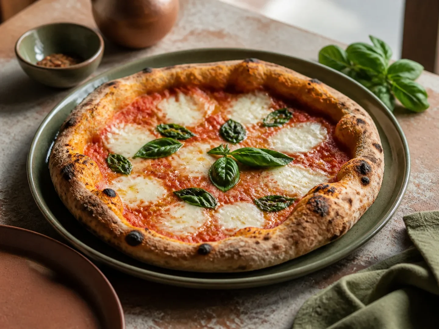 Pizza Margherita mit luftigem Rand, Tomatensauce, Mozzarella und Basilikum